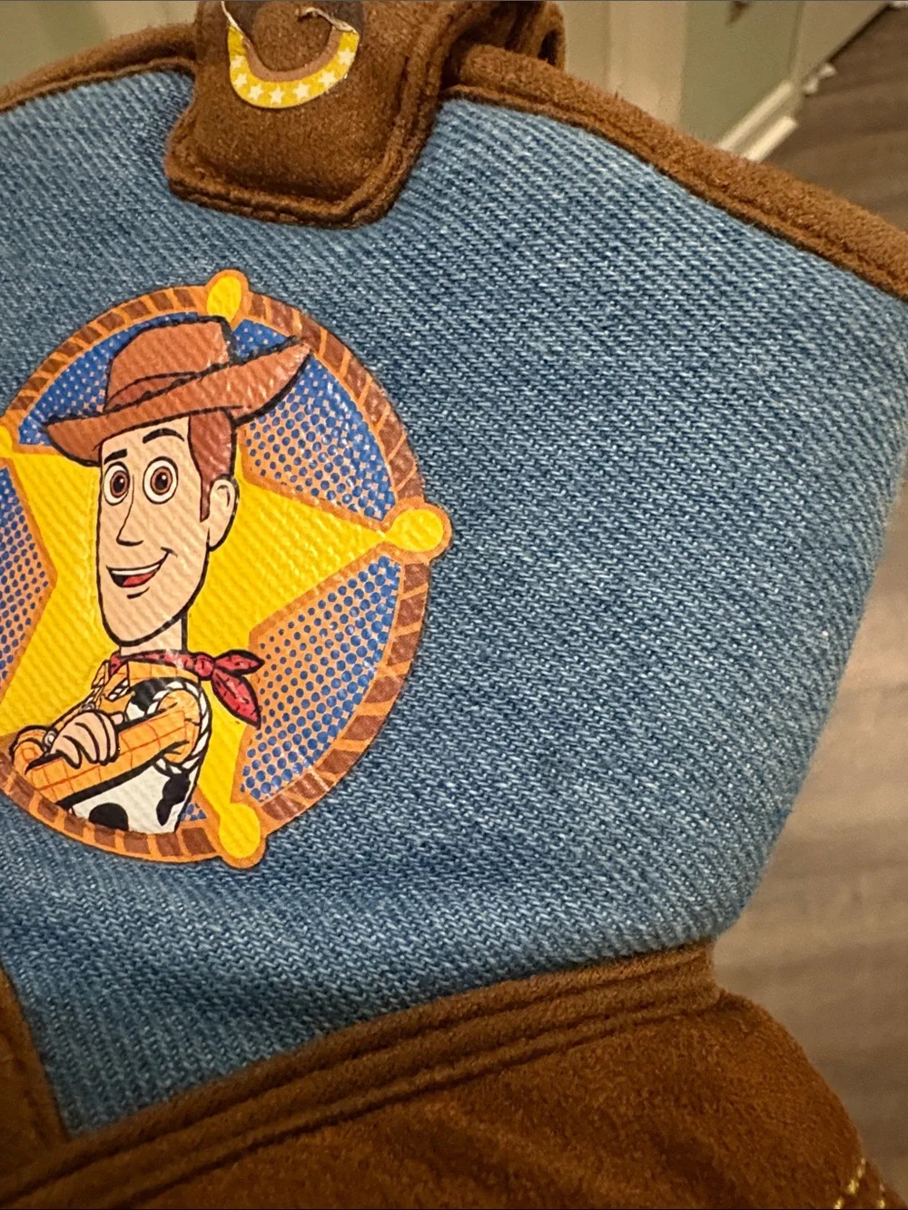 Toy Story Sheriff Woody Cowboy Western Boot Slippers Denim Brown size 9-10